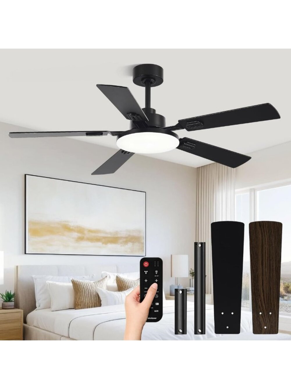 52" Ceiling Fan with Lights & Remote - Dimmable, 6 Speed, Quiet Motor